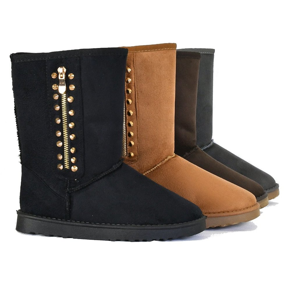 Black Warm Winter Mid Calf Faux Suede Flat Boots